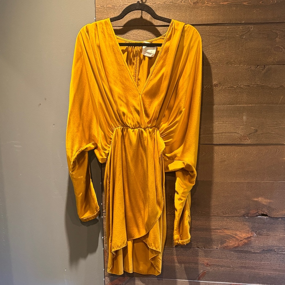 Golden Yellow High-Low Wrap Dress with Draped Waist